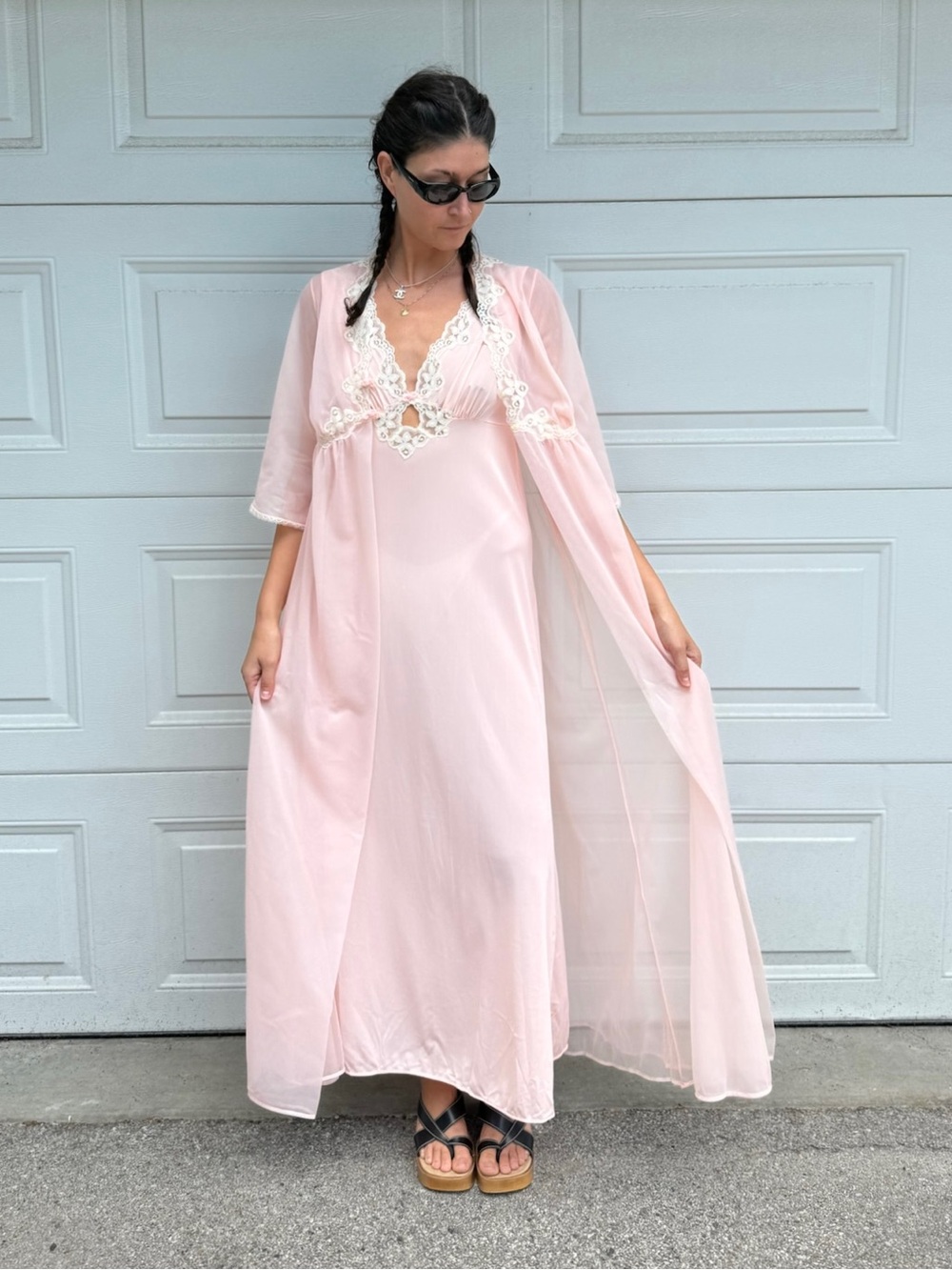 vintage Pale Ballet Pink Peignoir Set Nightgown & Robe 60s Double Chiffon S/M